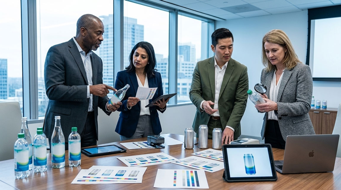 packaging-meeting executives at beverage company in a meeting discussing labels and branding